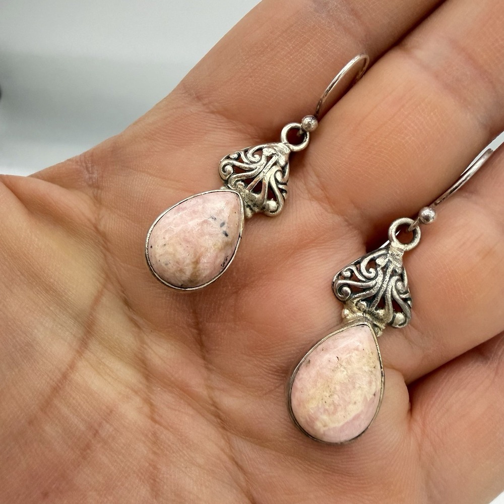 Dangle Earrings Womens Pink Silver Good 925 Rhodochrosite Bali Style